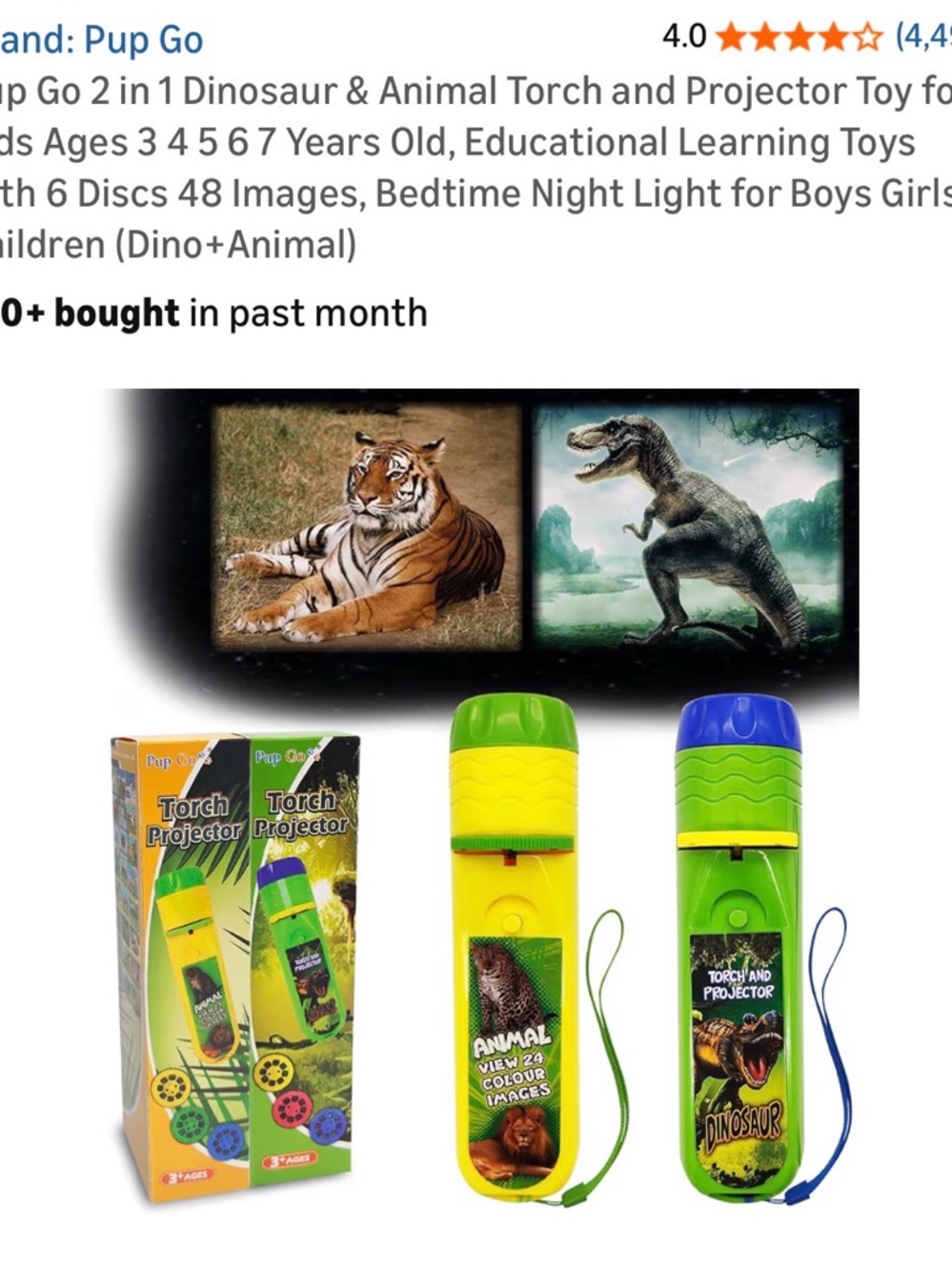 Dinosaur & Animal Torch Projector - Yellow/Green.